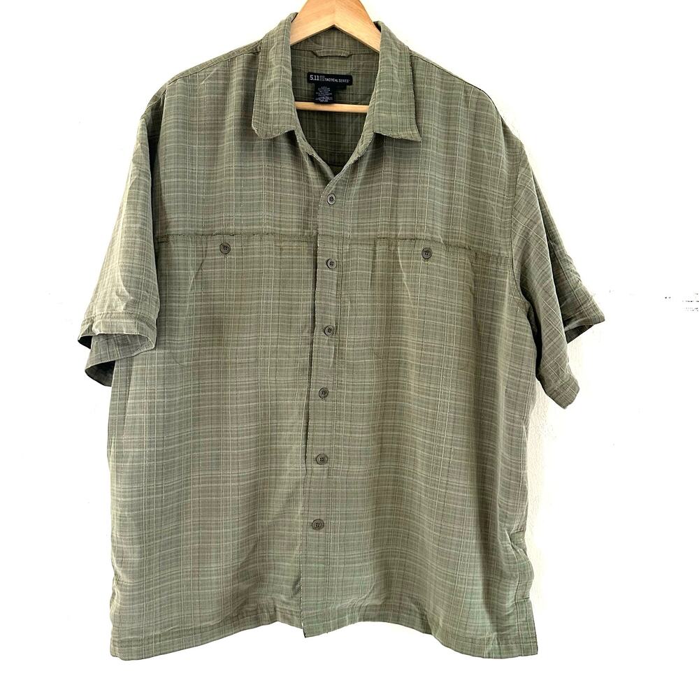5.11 Tactical Series Mens XXL Green Grid Short Sleeve Button Down Utility Shirt
